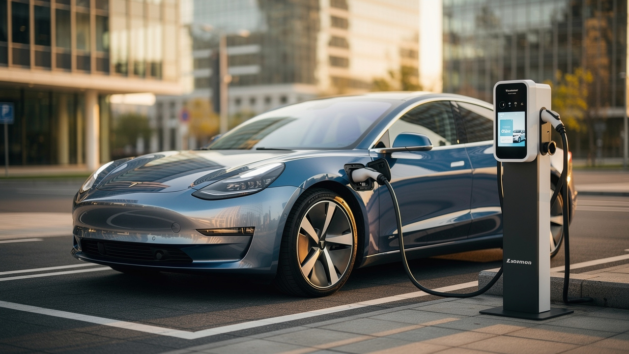 Electric vehicle connected to fast-charging station