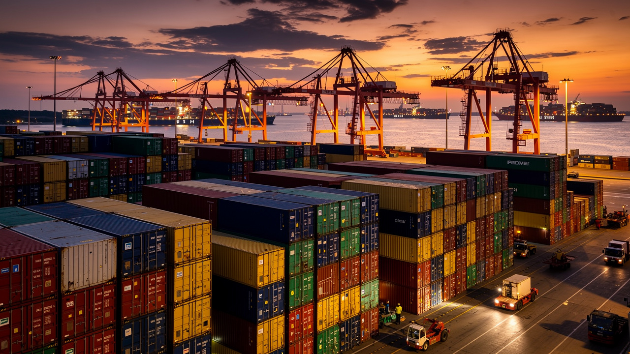 Shipping containers at international port terminal